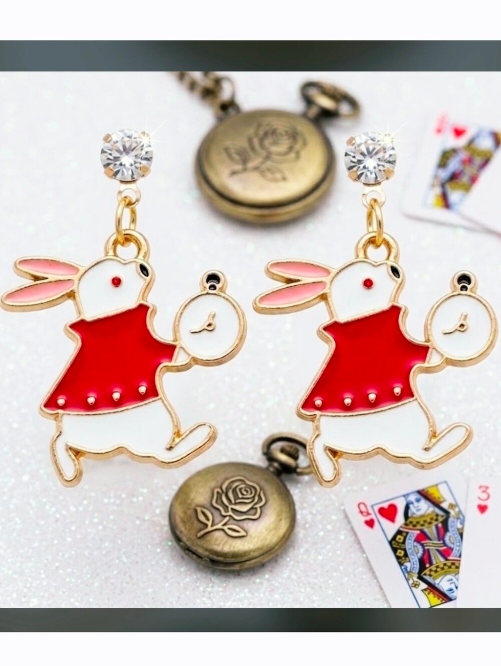 Gold plated crystal white rabbit red coat clock earrings with silver post